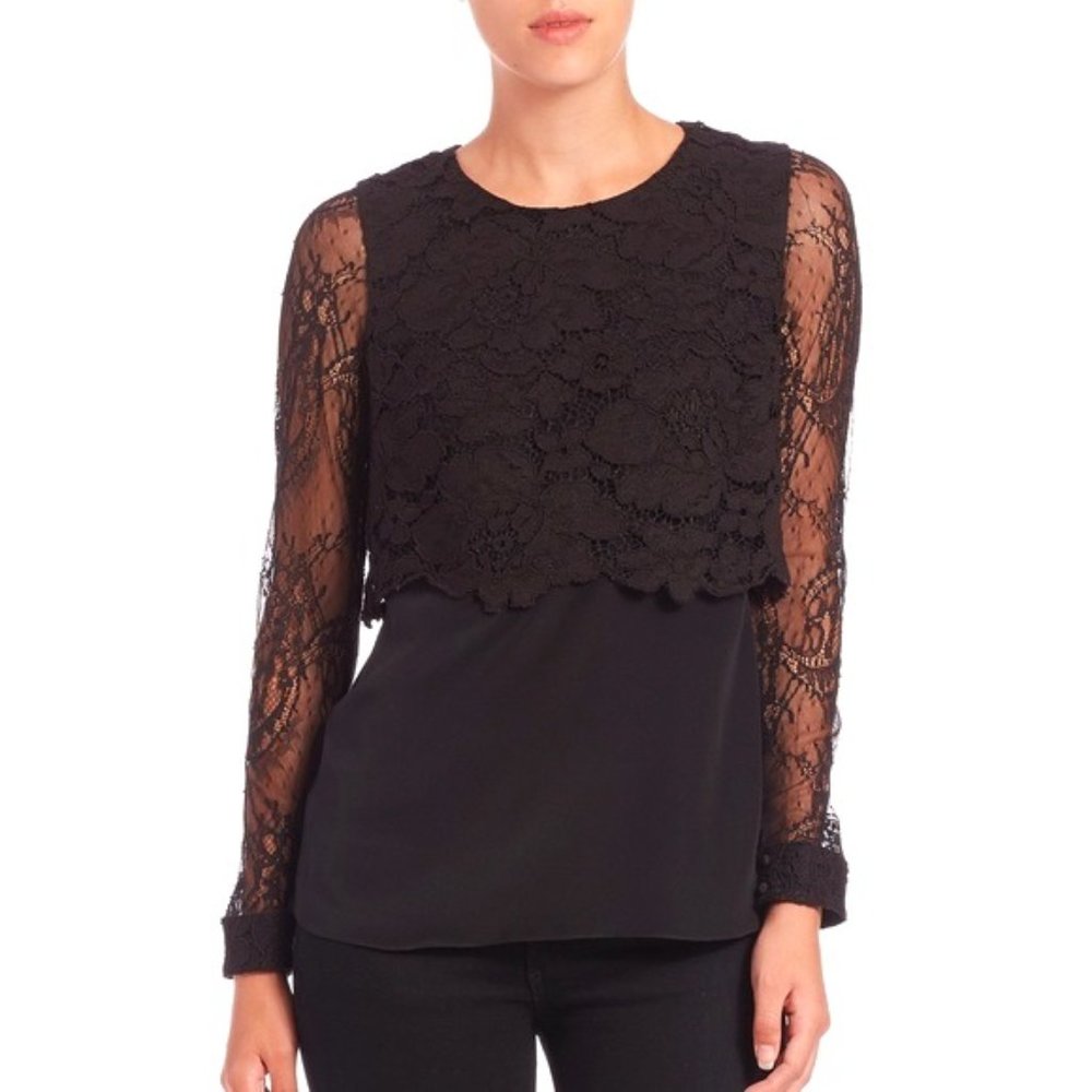 Bailey 44 NWOT 100% Silk Lace Long Sleeve Blouse Black Women's Medium Party